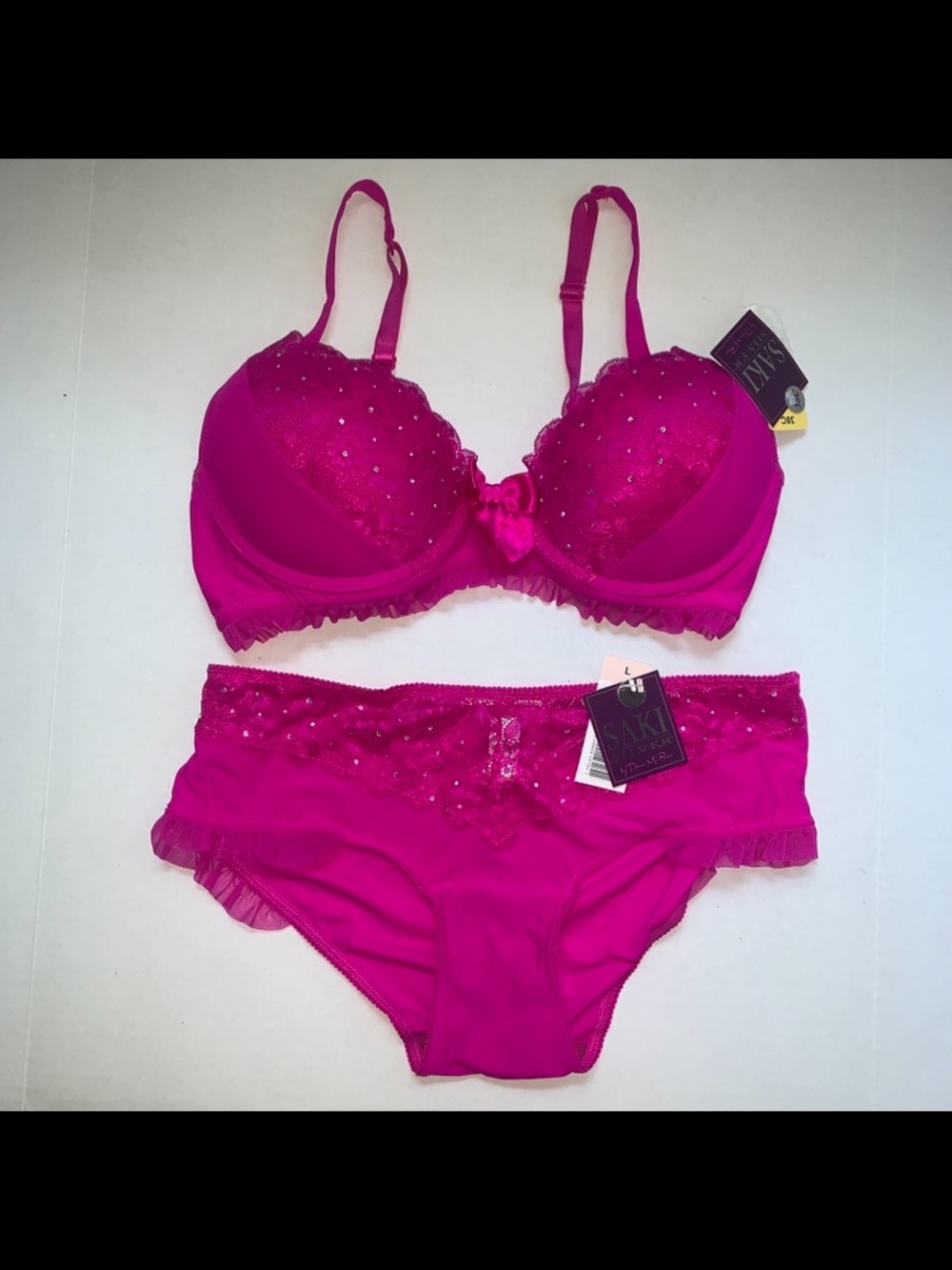 The Sak Hot Pink Embellished Lace Push-Up Bra & Brief Set - The Sak